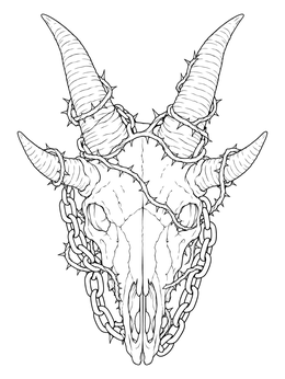 A detailed halloween scary skull coloring page showing a horned animal skull tangled in thorny vines and chains.