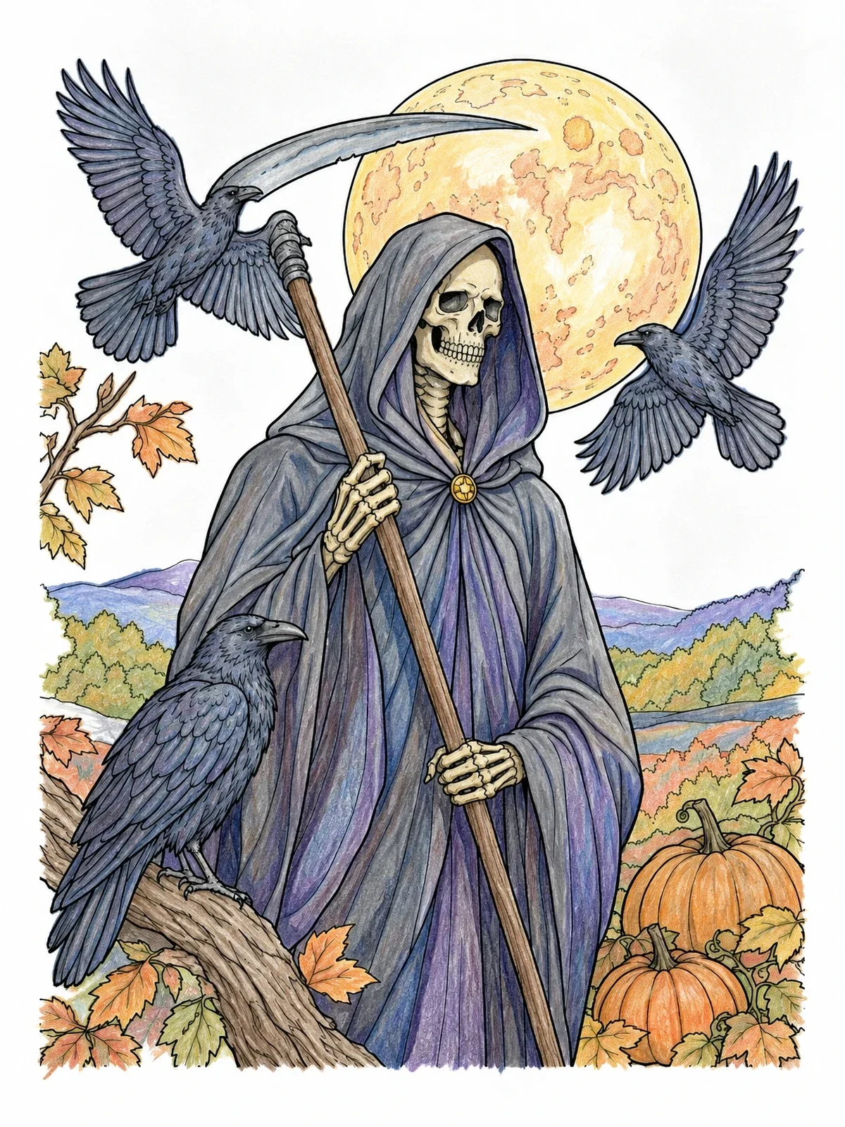Colored example of the Grim Reaper With Ravens And Moon coloring page