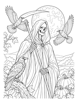 A halloween scary skull coloring page featuring the Grim Reaper holding a scythe under a full moon with ravens.