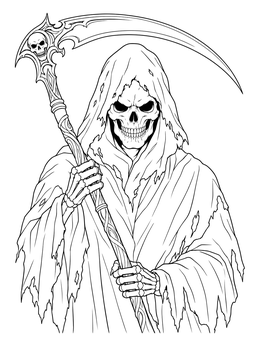 A halloween scary skull coloring page featuring the Grim Reaper holding an ornate curved scythe.