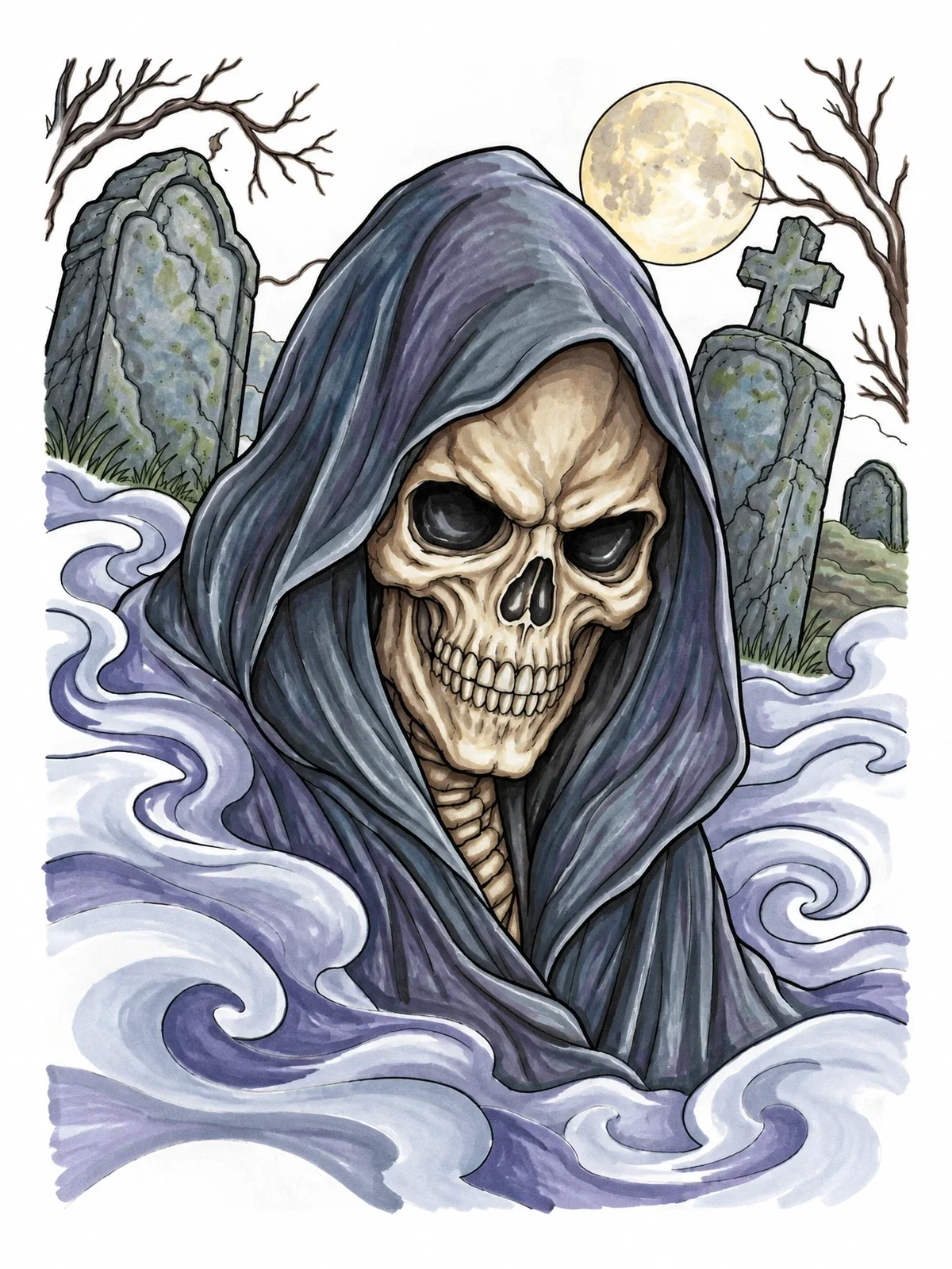 Colored example of the Hooded Skull In Foggy Graveyard coloring page