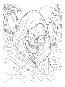 A cloaked skeleton in this halloween scary skull coloring page rises amid foggy cemetery tombstones.