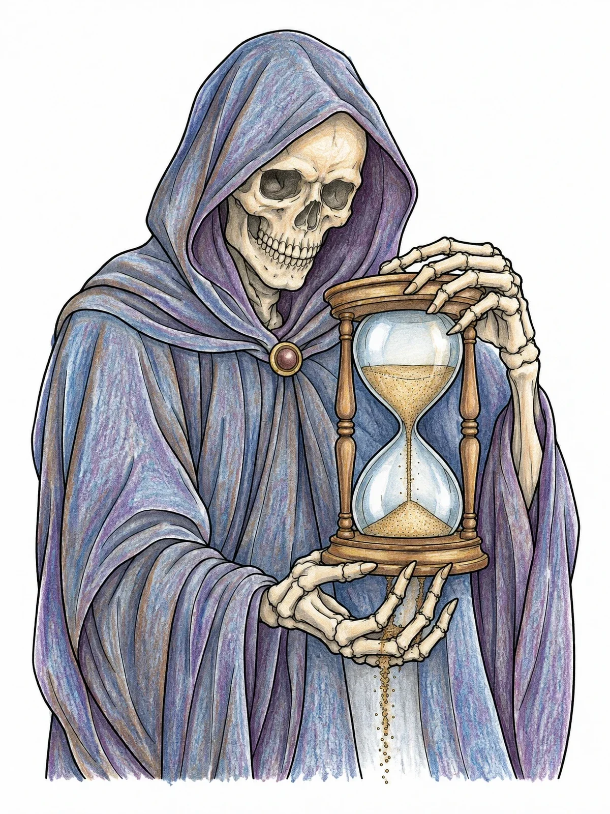 Colored example of the Hooded Skull Holding An Antique Hourglass coloring page