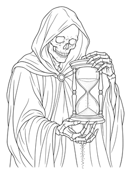 A detailed halloween scary skull coloring page showing a hooded skeleton holding an hourglass.