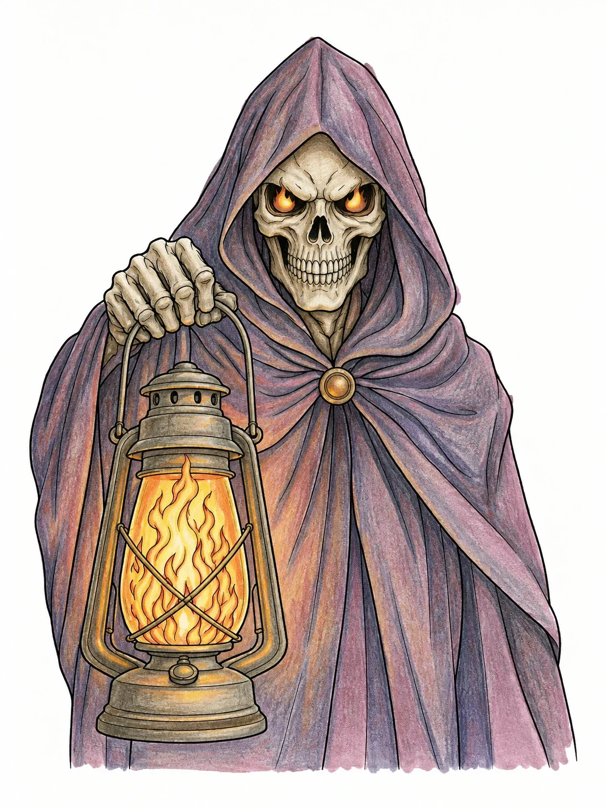 Colored example of the Hooded Skull With Glowing Lantern coloring page