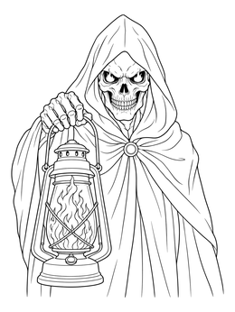 A hooded grim reaper holds an oil lamp in this halloween scary skull coloring page.