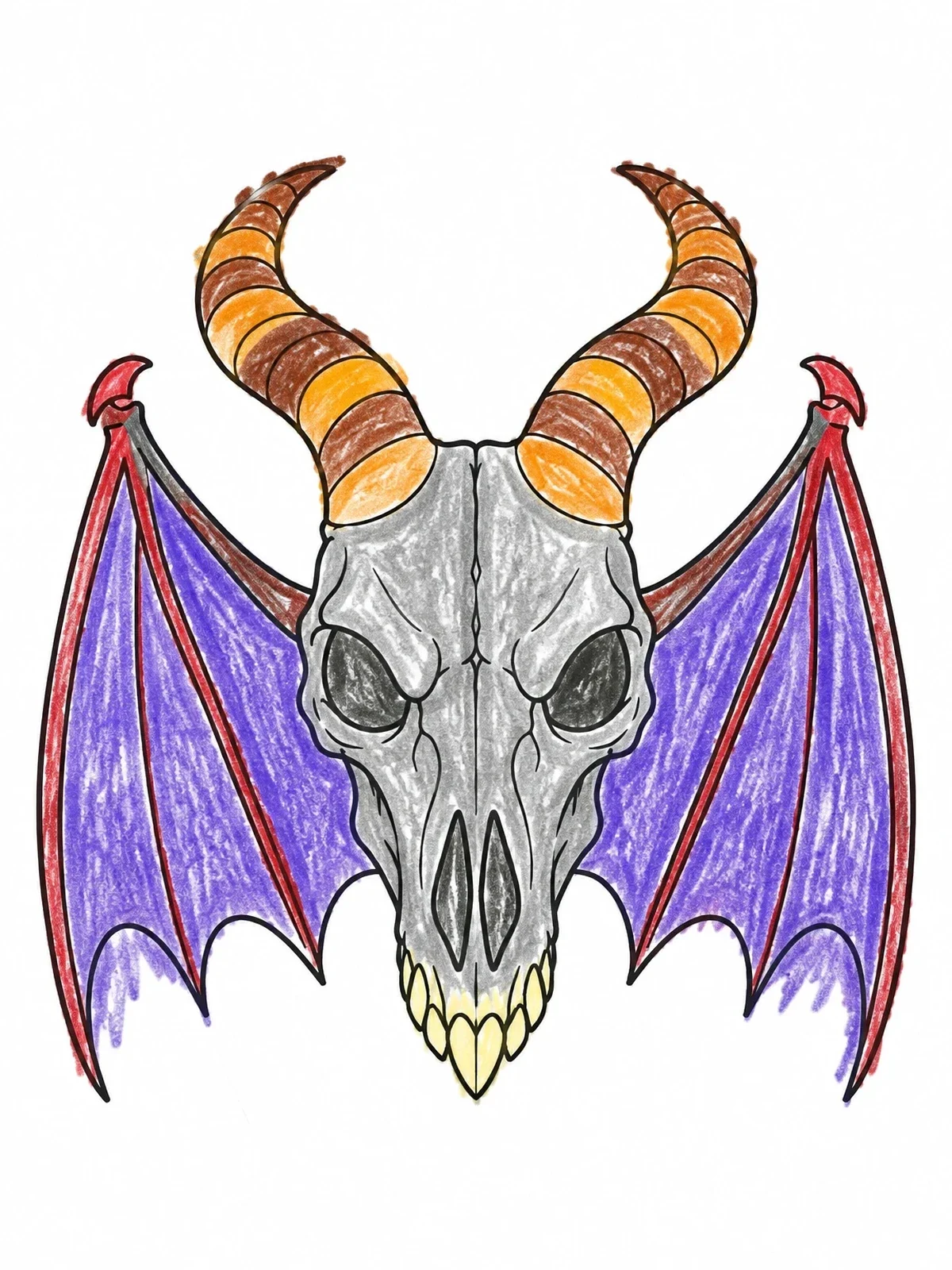 Colored example of the Horned Beast Skull With Wings coloring page