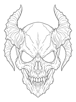 A detailed halloween scary skull coloring page with large curved horns and sharp teeth.