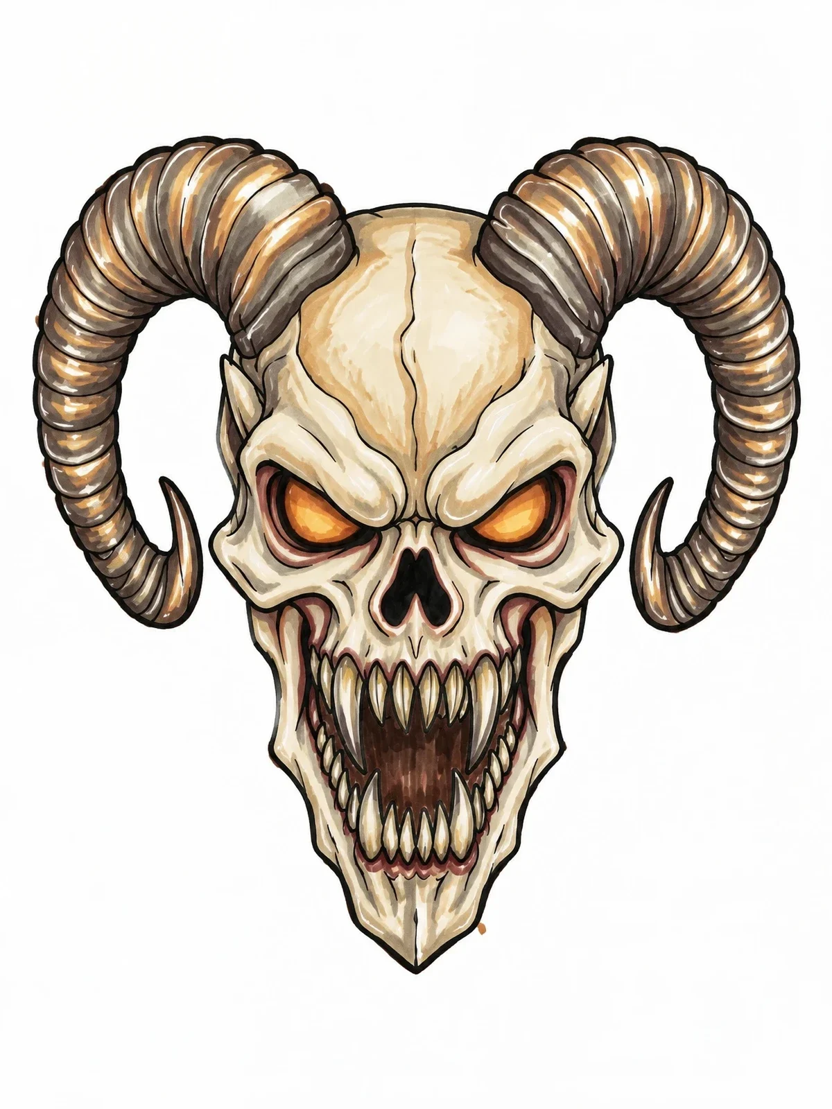 Colored example of the Horned Demon Skull Line Art coloring page