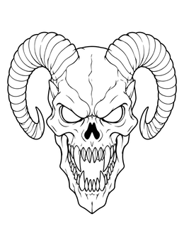 A horned demon skull on this halloween scary skull coloring page.