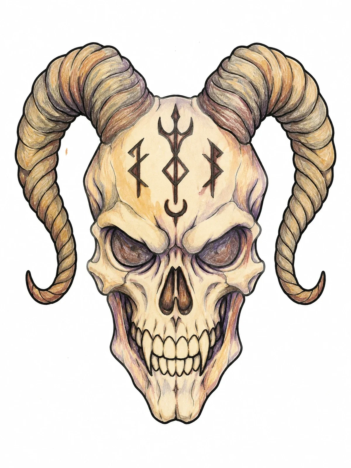 Colored example of the Horned Demon Skull With Runes coloring page