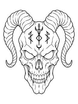 A horned demon skull in this halloween scary skull coloring page with mysterious carved forehead runes.