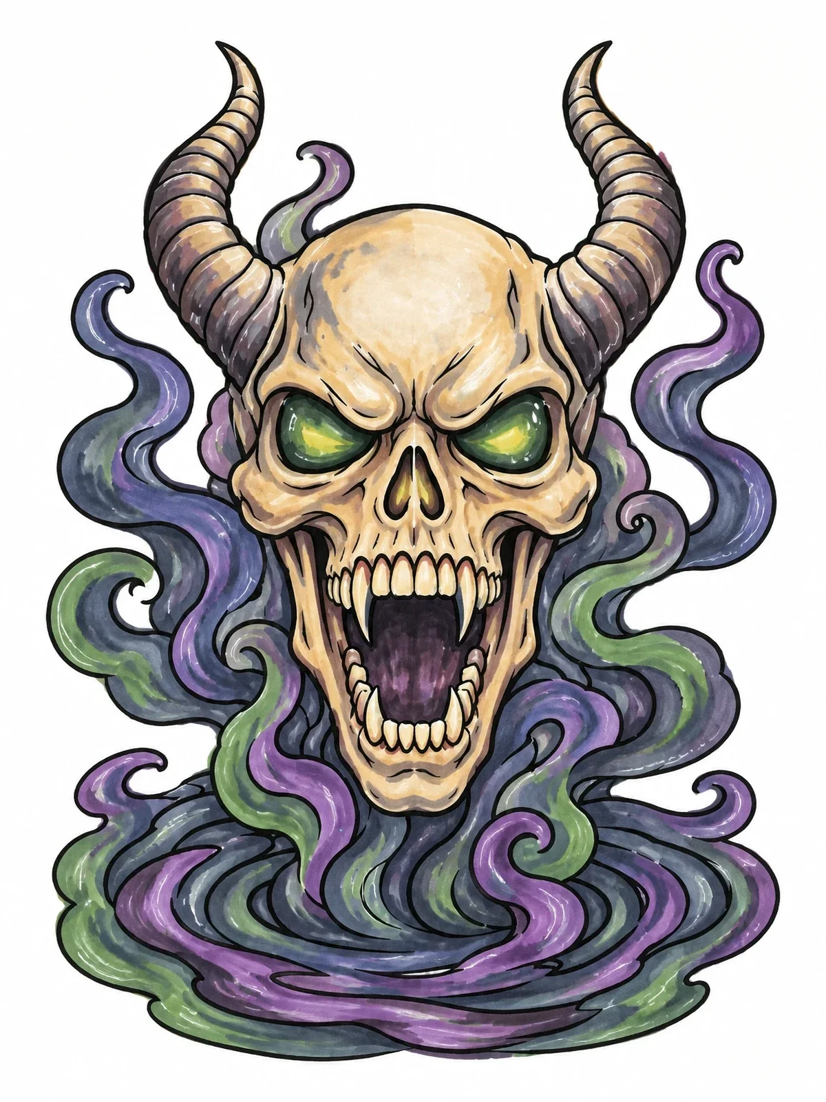 Colored example of the Horned Demon Skull In Smoke coloring page