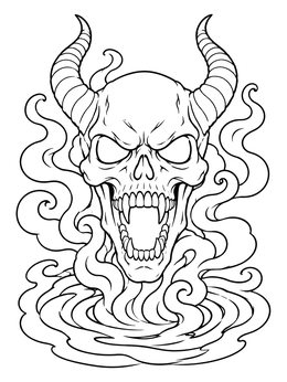 A horned demon skull rises from swirling mist in this halloween scary skull coloring page.
