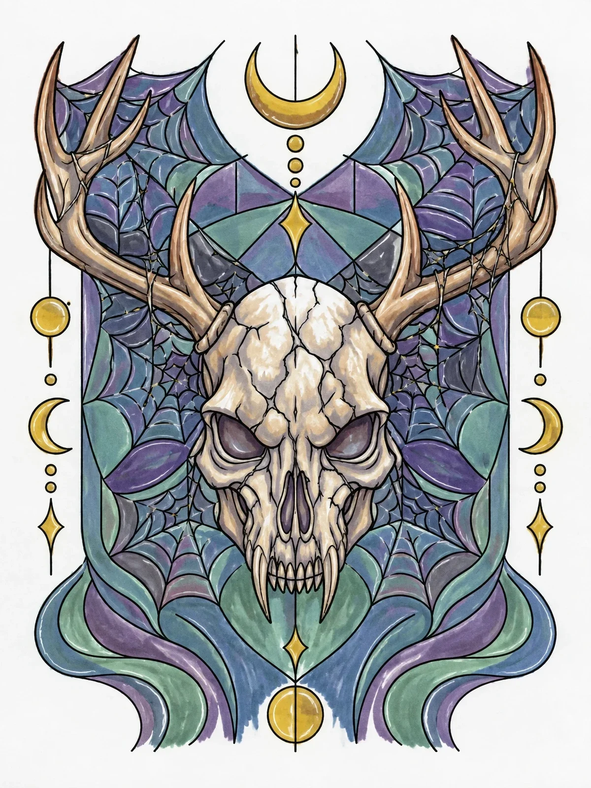 Colored example of the Horned Demon Skull With Spiderwebs coloring page