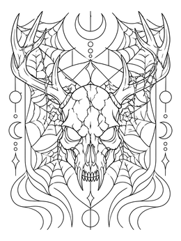 A horned demon skull entangled in cobwebs on this halloween scary skull coloring page.