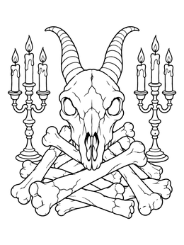 A horned skull resting on crossed bones flanked by lit candelabras in this halloween scary skull coloring page.