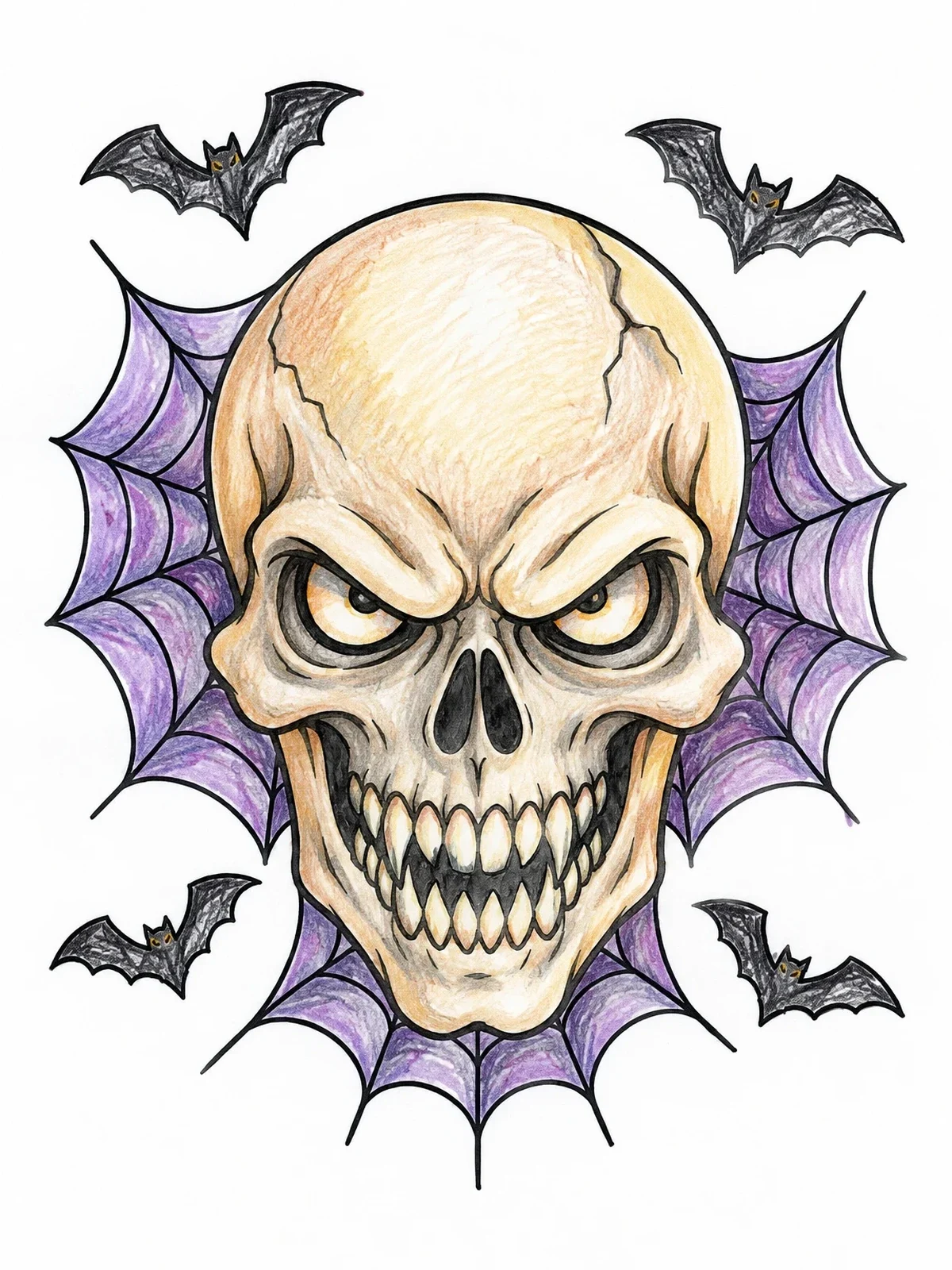 Colored example of the Menacing Skull With Web And Bats coloring page