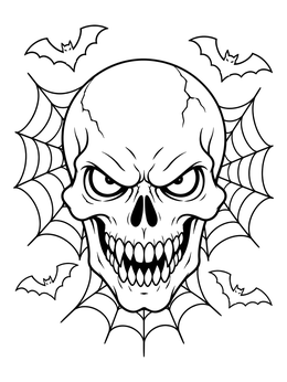 A halloween scary skull coloring page with sharp teeth, spiderwebs, and flying bats.