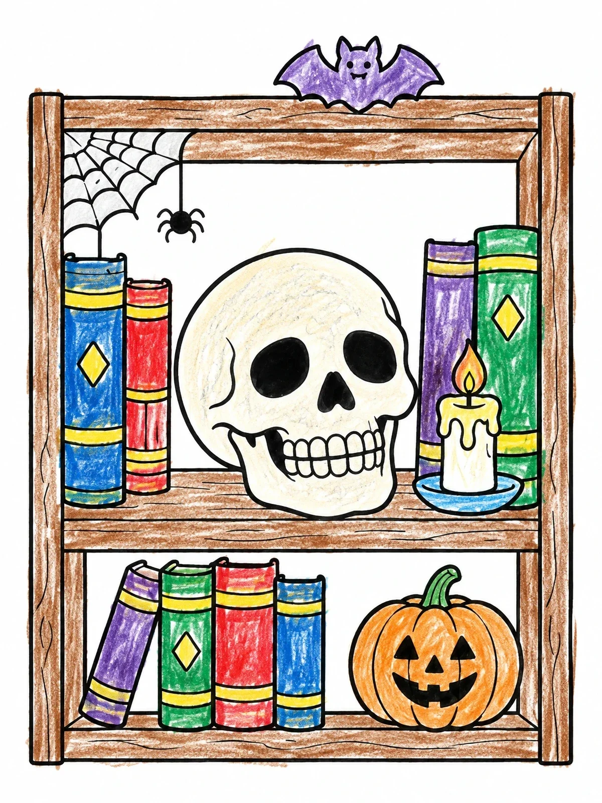 Colored example of the Spooky Skull On A Bookshelf coloring page