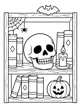 Free printable Spooky Skull On A Bookshelf coloring page