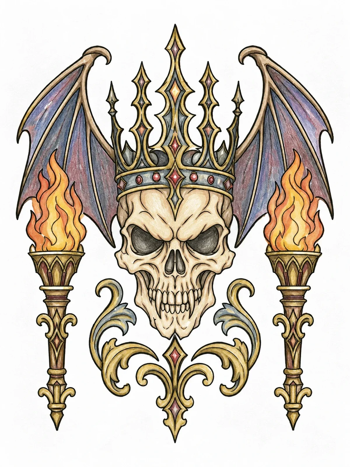 Colored example of the Winged Crowned Skull With Torches coloring page