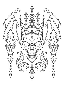 This gothic halloween scary skull coloring page features bat wings, an ornate crown, and flaming torches.
