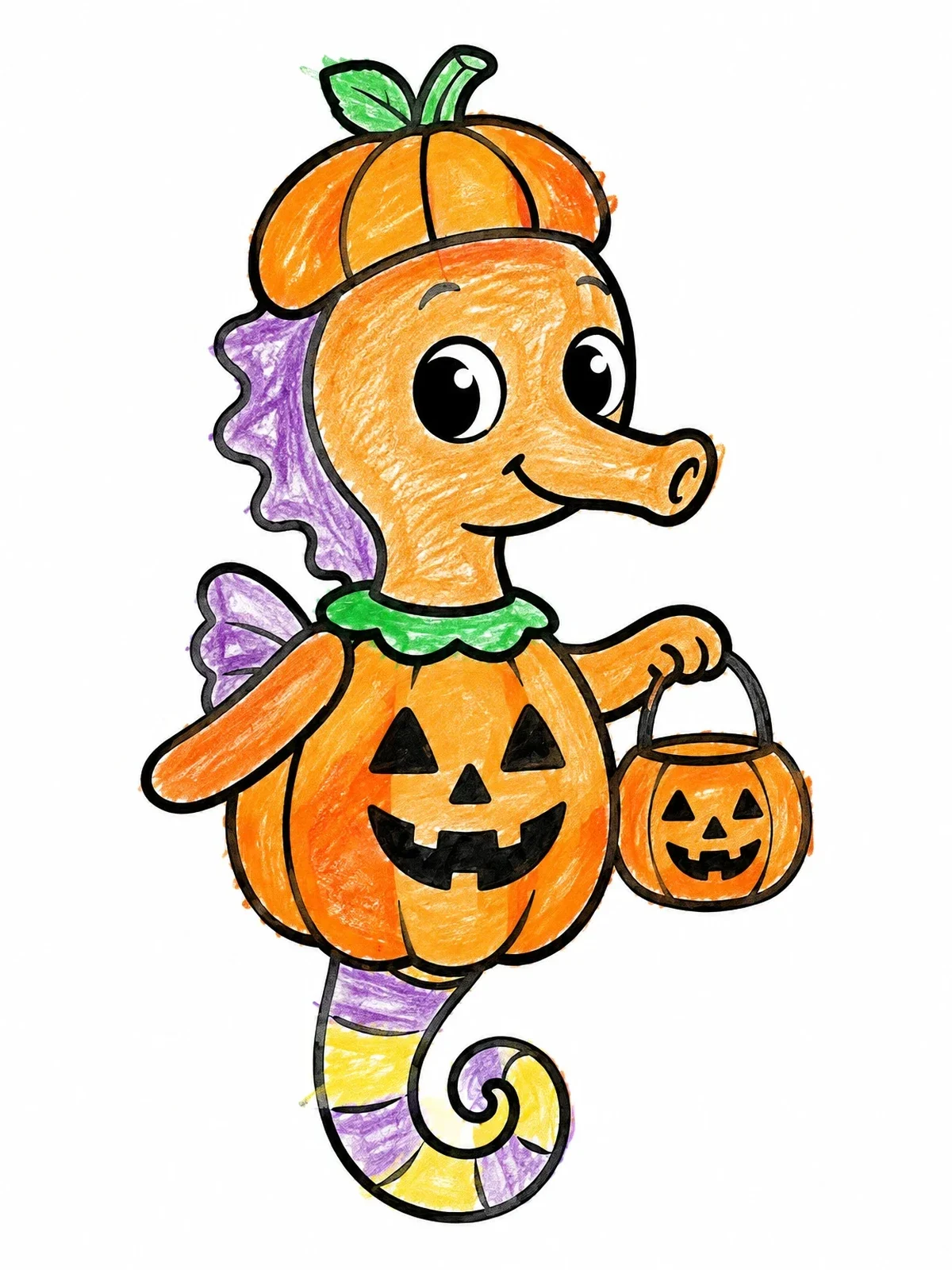 Colored example of the Halloween Seahorse In Pumpkin Costume coloring page