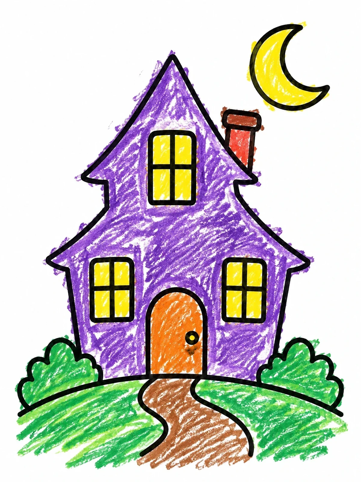 Colored example of the Simple Haunted House With Crescent Moon coloring page