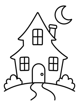 Free printable Simple Haunted House With Crescent Moon coloring page