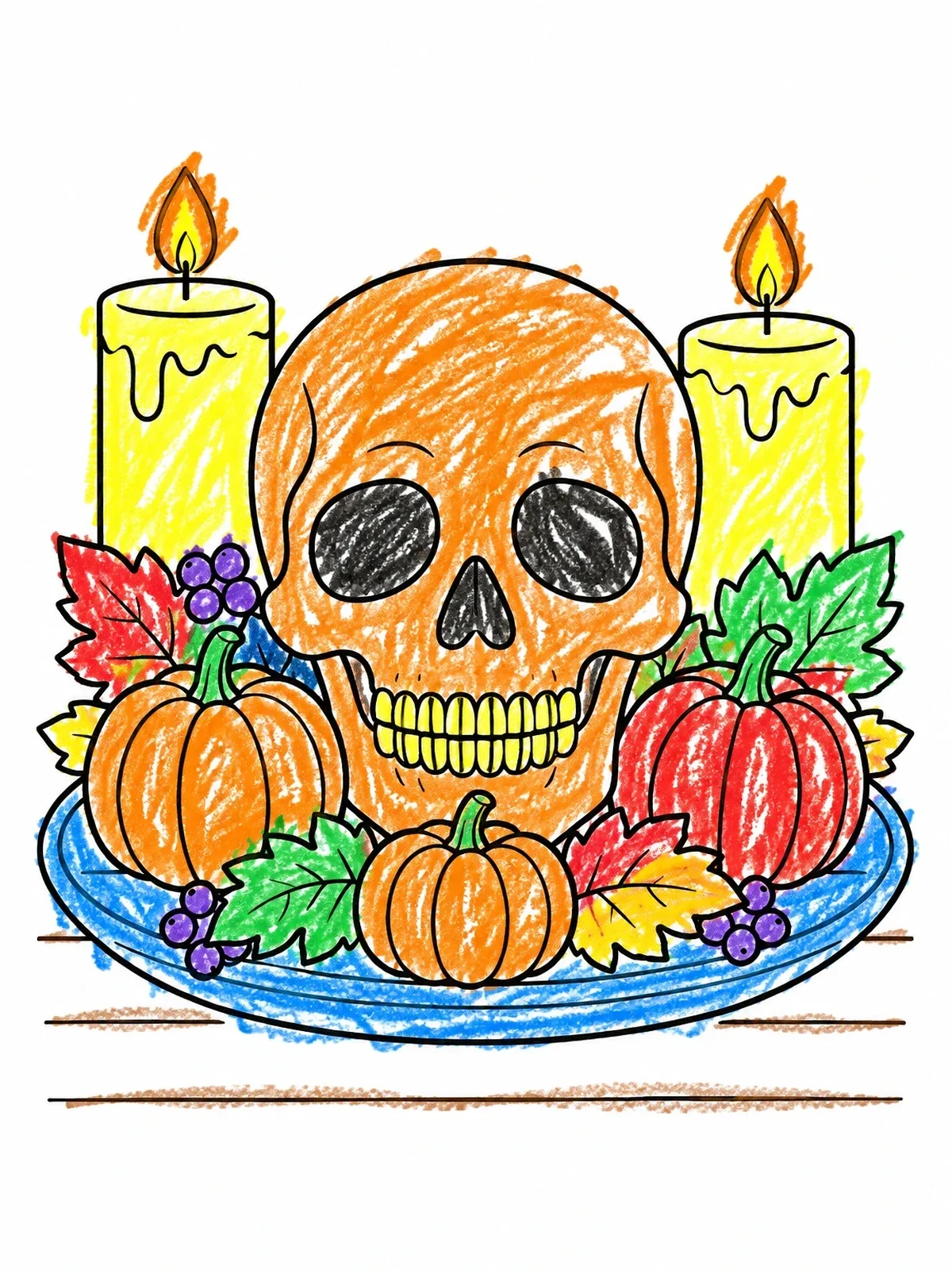 Colored example of the Halloween Skull And Pumpkin Centerpiece coloring page