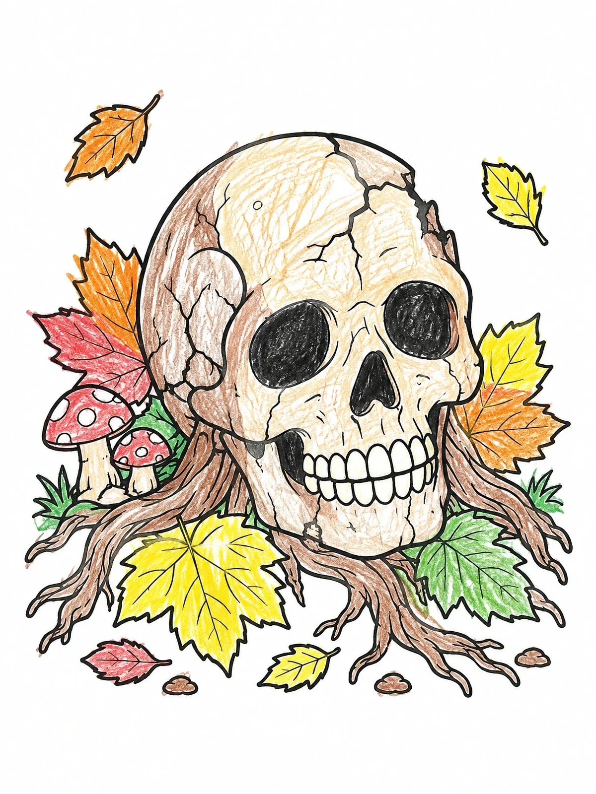 Colored example of the Halloween Skull With Autumn Leaves coloring page