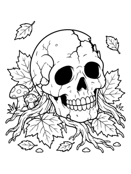 Free printable Halloween Skull With Autumn Leaves coloring page