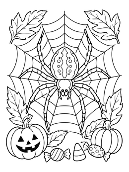 A Halloween spider coloring page featuring a large web, carved pumpkins, leaves, and candy.