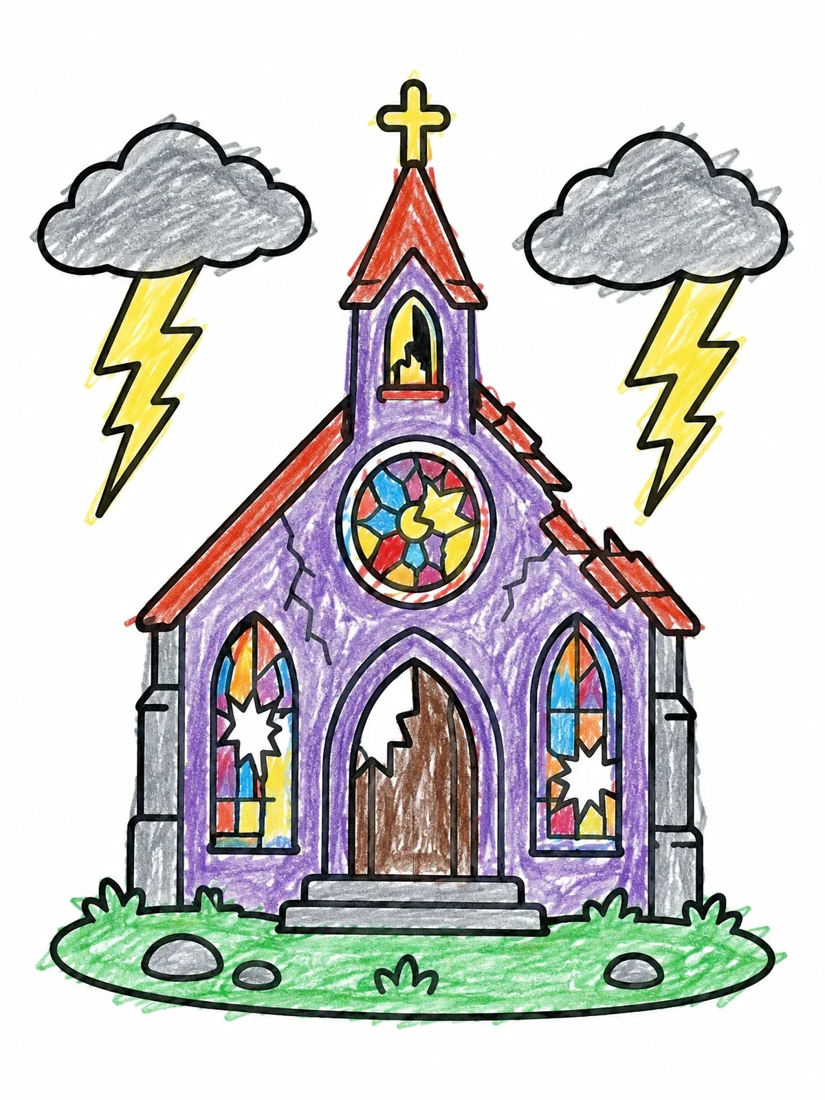 Colored example of the Spooky Chapel In Thunderstorm coloring page