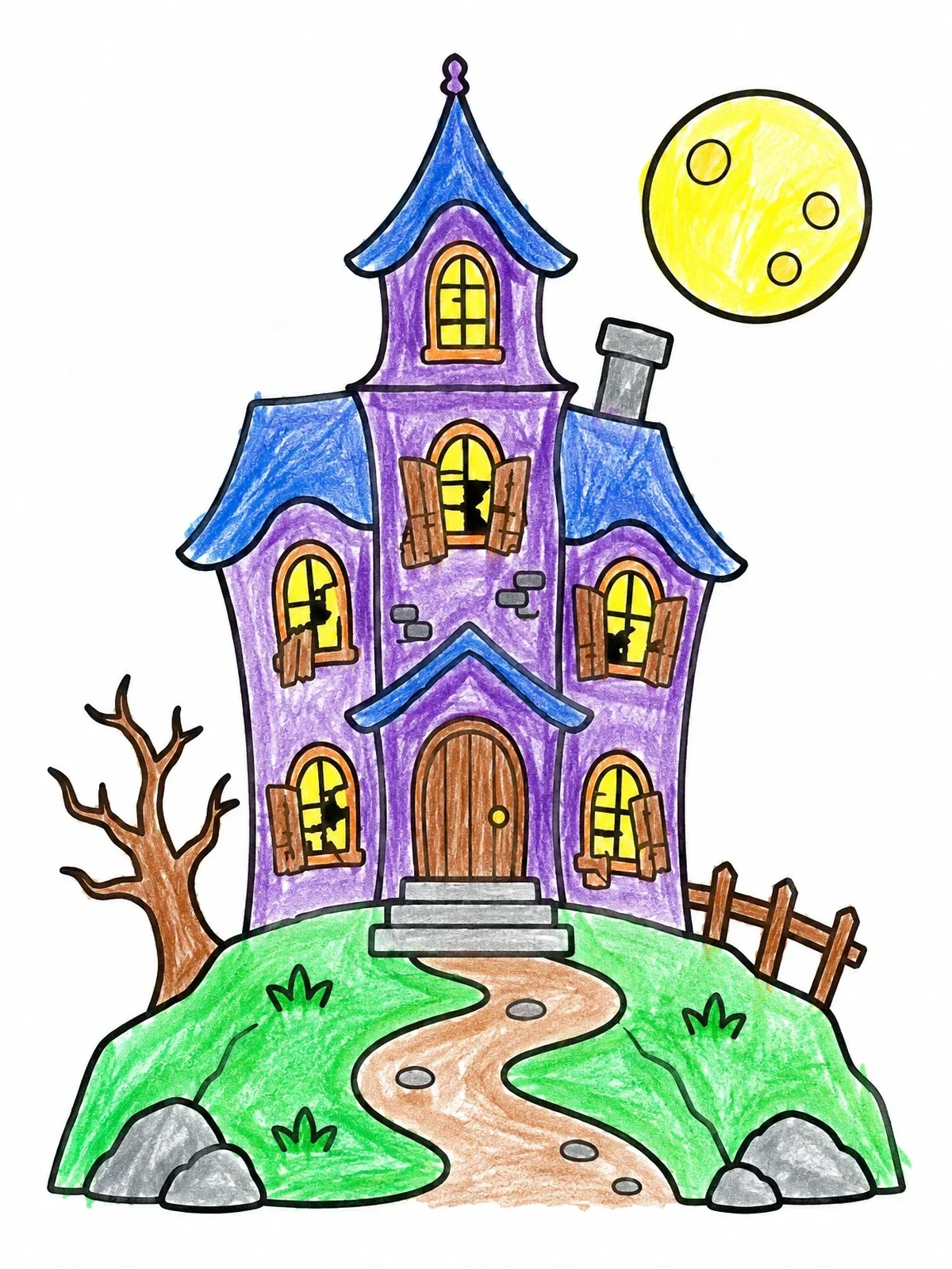 Colored example of the Spooky Haunted Mansion On A Hill coloring page