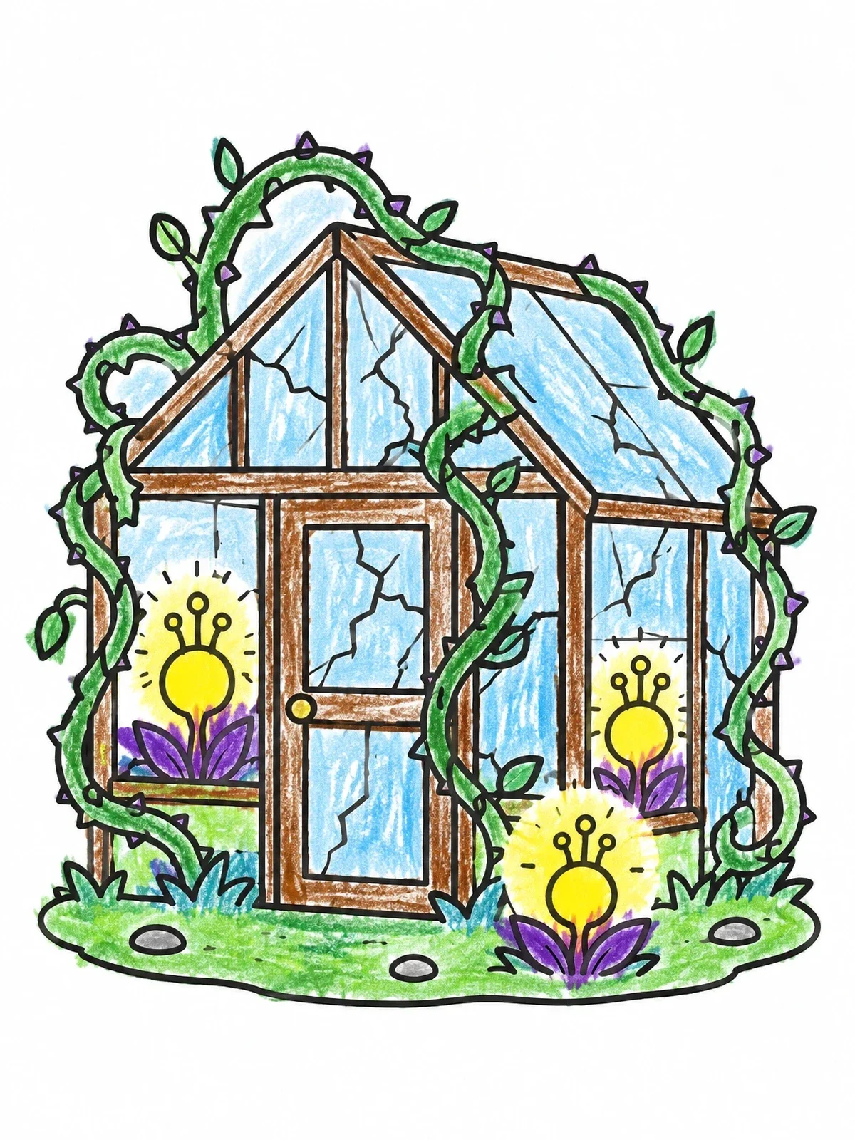 Colored example of the Spooky Greenhouse With Thorny Vines coloring page