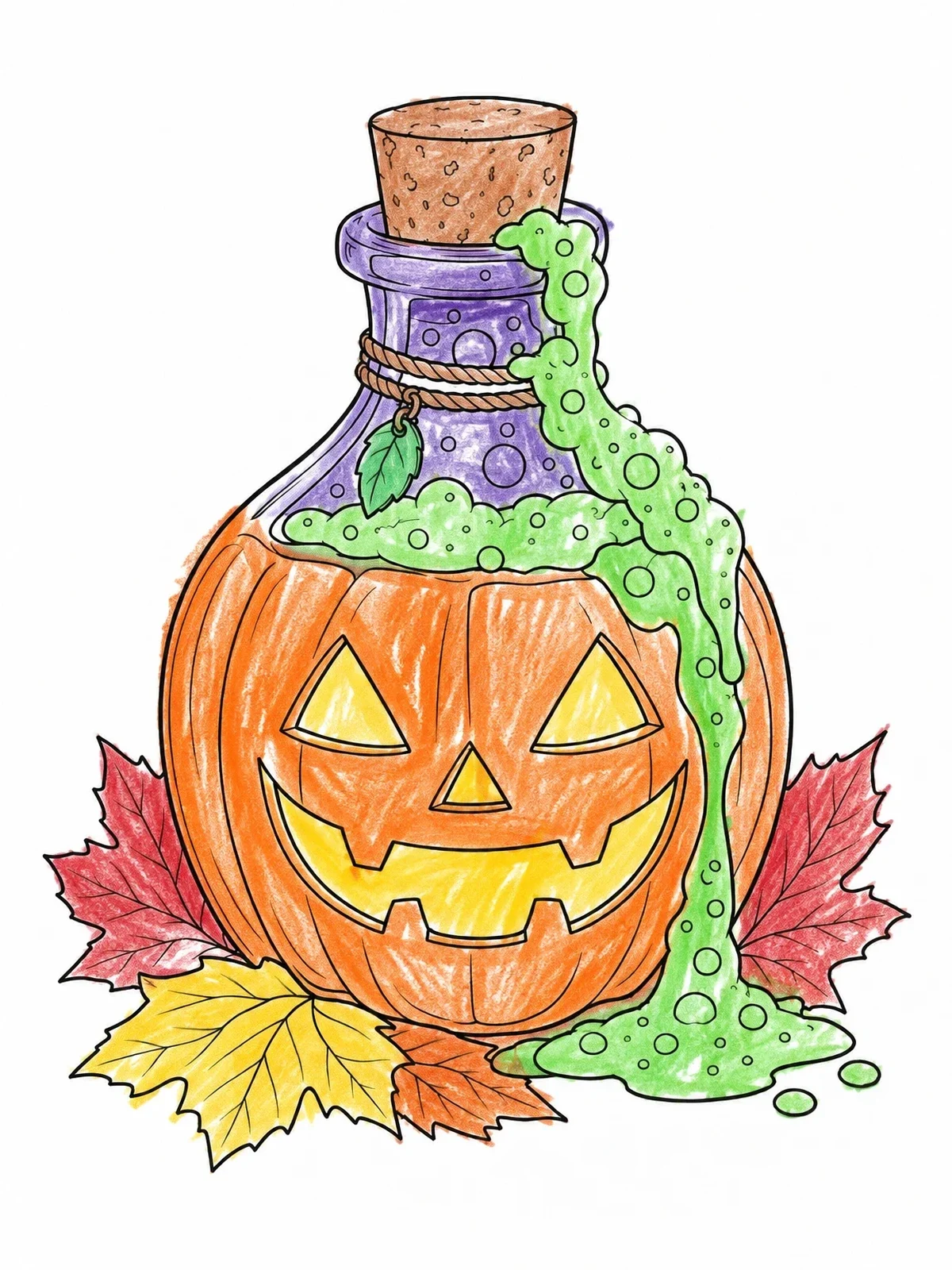 Colored example of the Spooky Pumpkin Potion Bottle coloring page