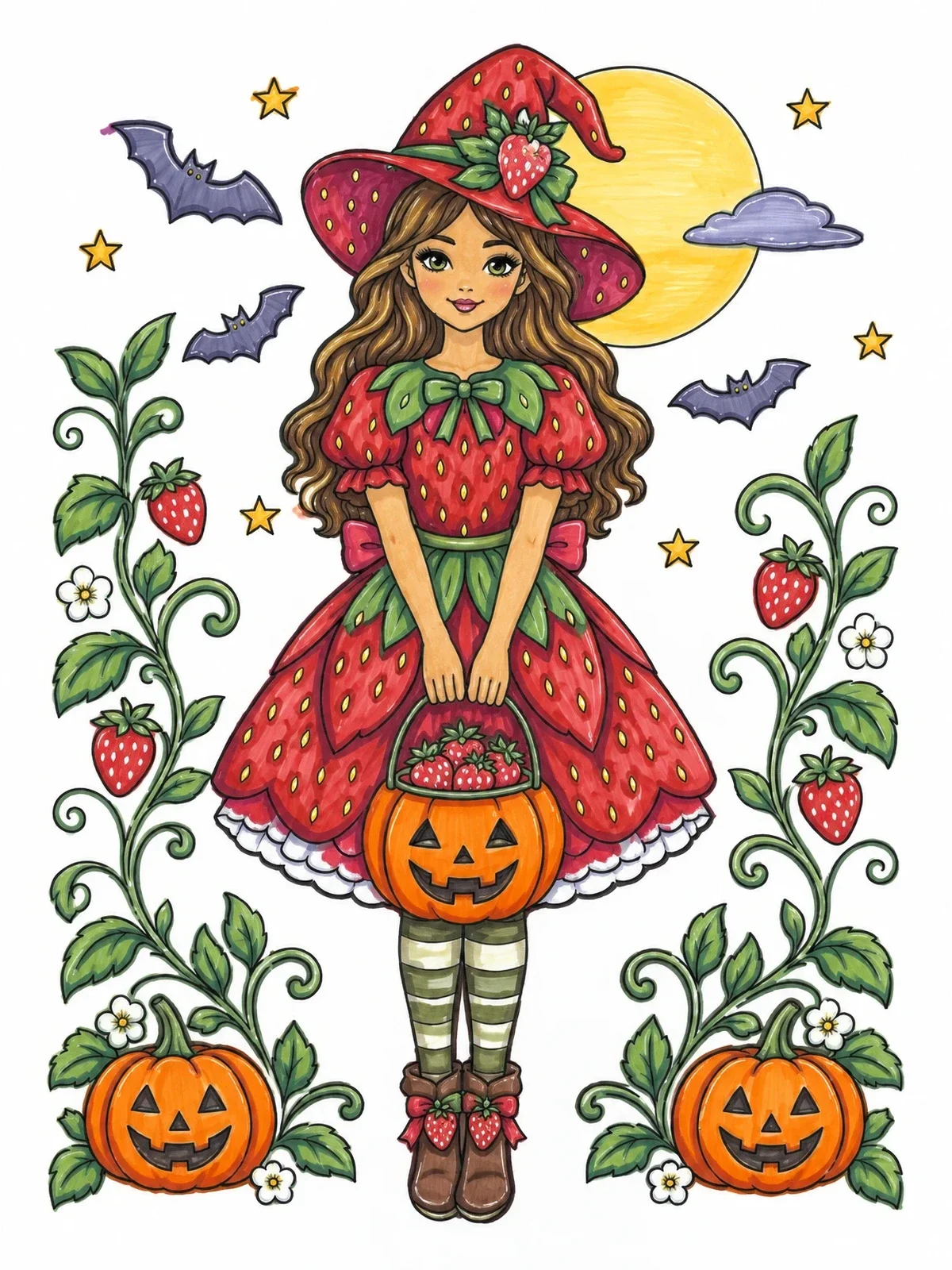 Colored example of the Halloween Strawberry Witch Girl coloring page