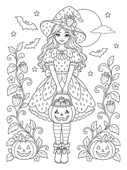 A Halloween strawberry coloring page showing a girl in a witch hat holding a pumpkin bucket filled with berries.