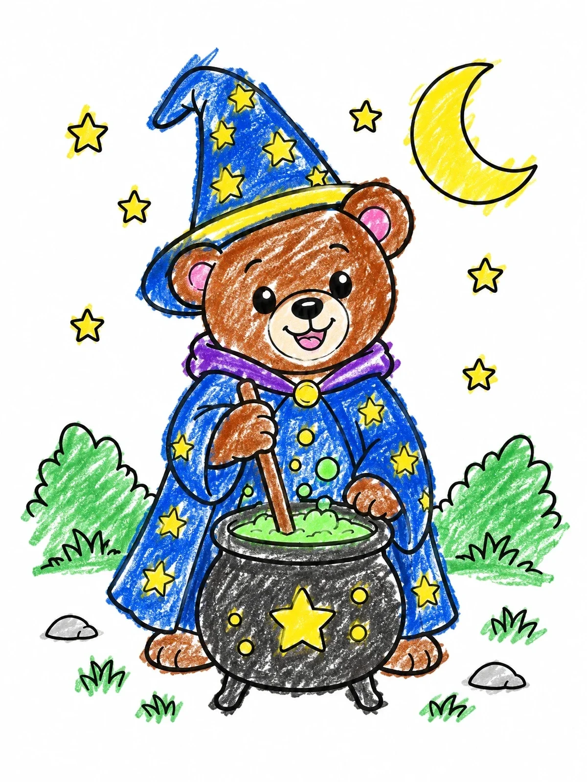 Colored example of the Teddy Bear Wizard Brewing Potion coloring page