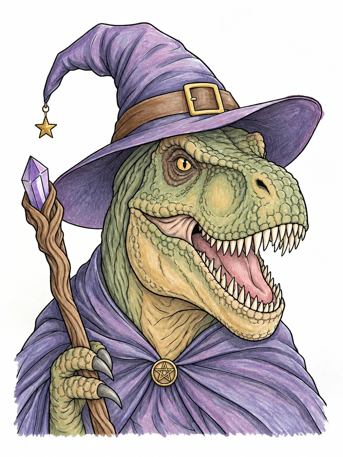 Colored example of the T Rex Wizard In Witch Hat coloring page