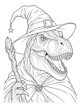 A halloween dinosaur coloring page showing a T-Rex dressed as a wizard with a hat, cape, and crystal staff.