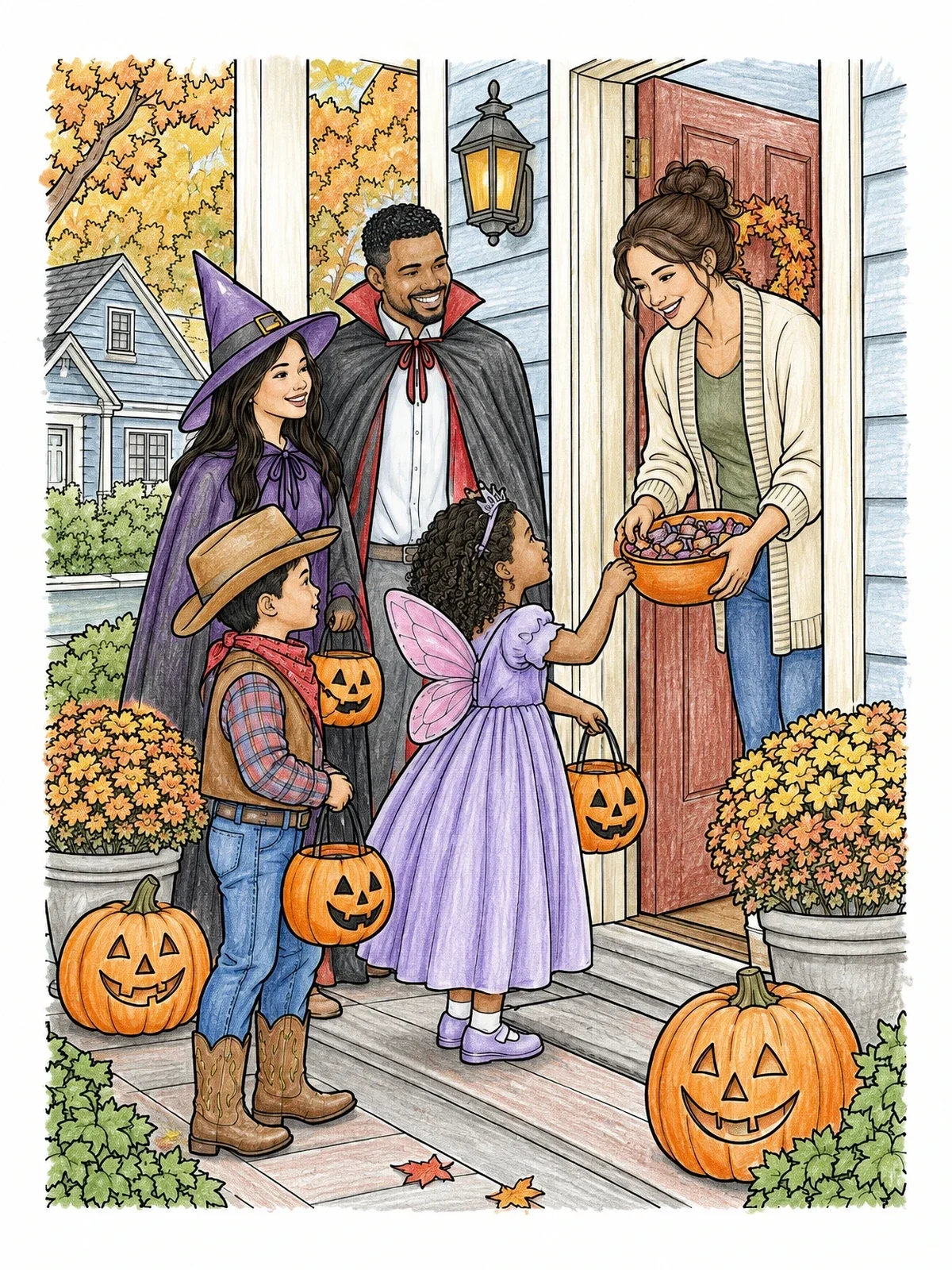 Colored example of the Halloween Trick Or Treating On The Porch coloring page