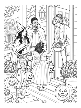 Kids in costume visit a neighbor in this trick or treat coloring page.