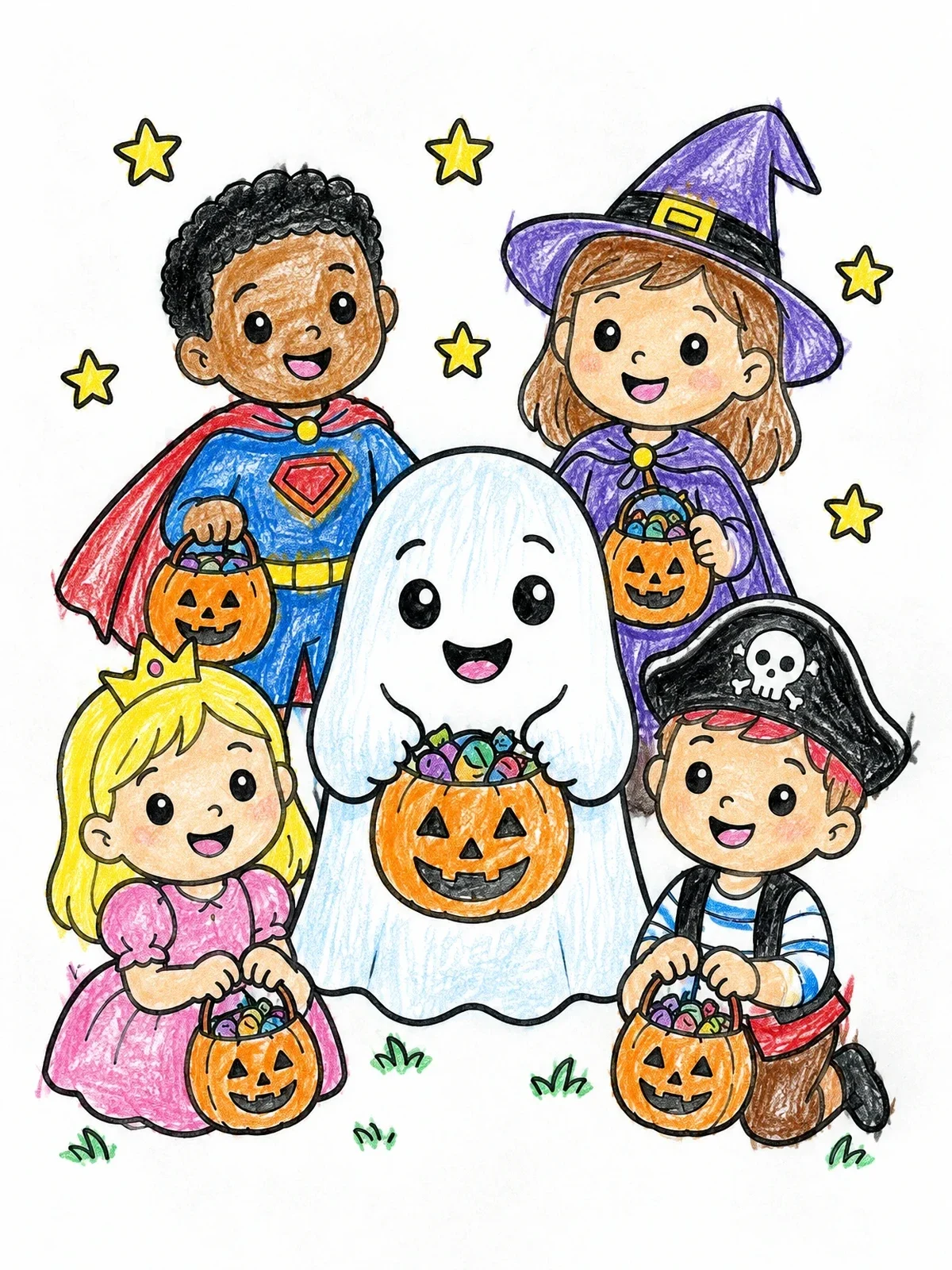 Colored example of the Trick Or Treat Kids In Costumes coloring page