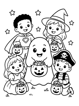 Free printable Trick Or Treat Kids In Costumes coloring page
