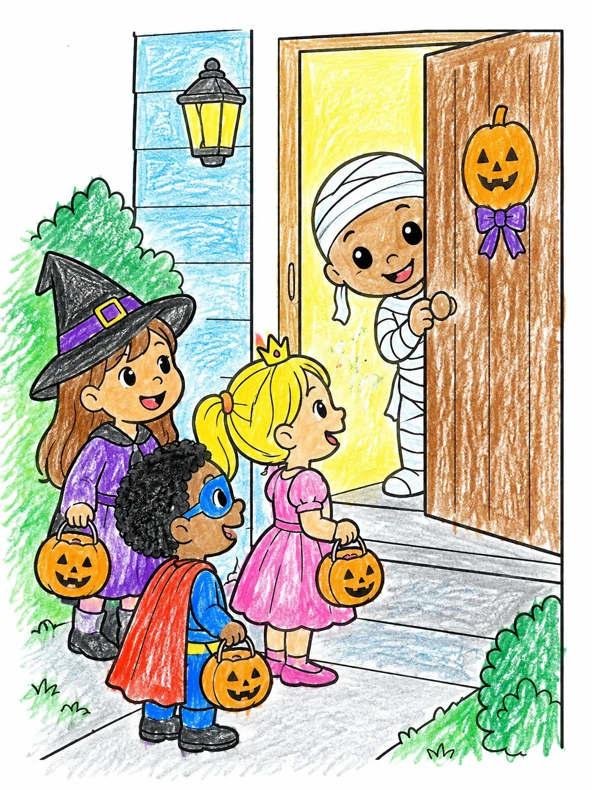 Colored example of the Trick Or Treating At The Front Door coloring page