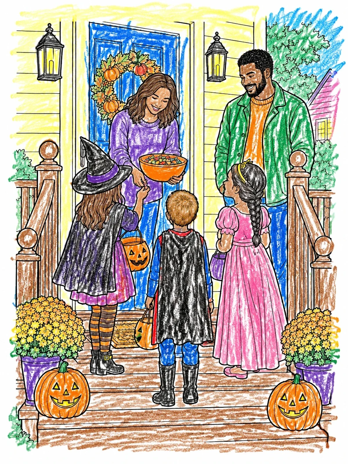 Colored example of the Trick Or Treating On The Porch coloring page