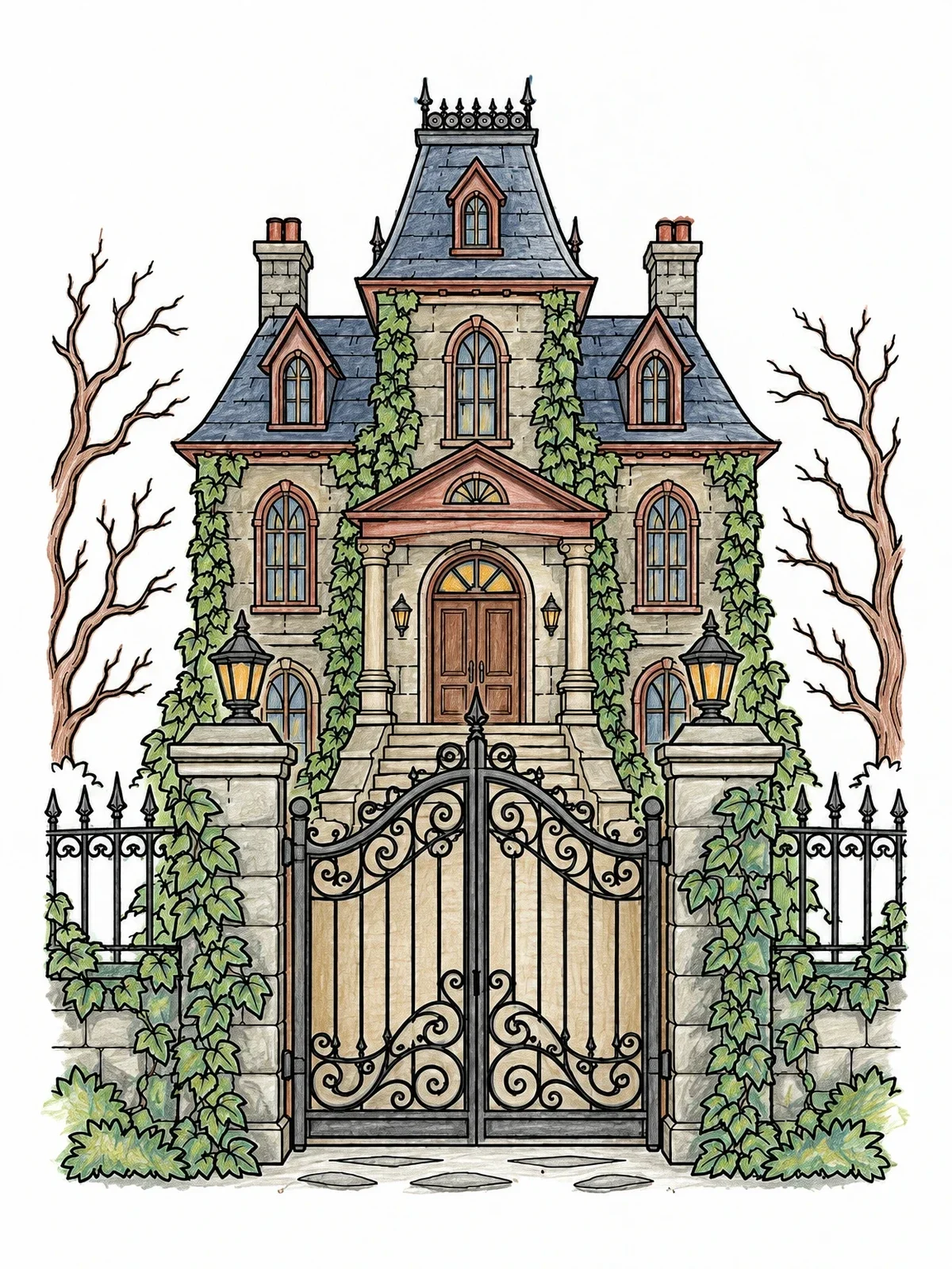 Colored example of the Victorian Manor And Wrought Iron Gate coloring page